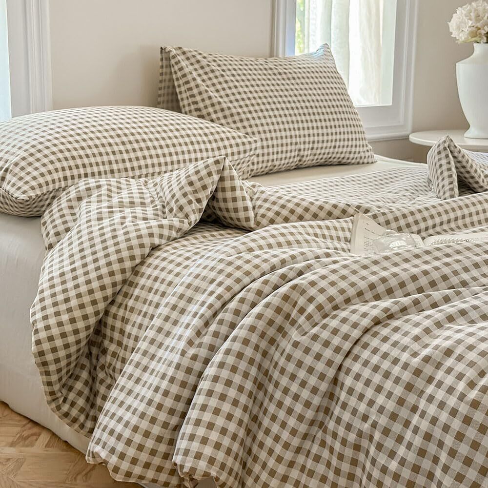 Tan Gingham Cotton Comforter Set King, 100% Washed Cotton Taupe Plaid
